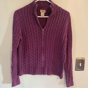 L.L. Bean purple full zip cable knit collared sweater small